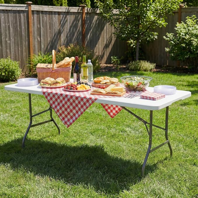 FDW 6FT Plastic Folding Table, Portable with Carrying Handle Perfect for Indoor, Outdoor, Party, Dining, Wedding, Events, Camping, White