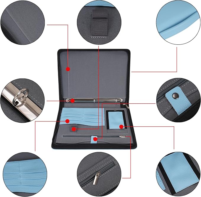 Wonderpool Travel Zippered Portfolio 3 Ring Binder A4 Padfolio Document Case with Removable Clipboard Legal Pad Holder, Business Office School Organizer for Men and Women (Light Blue)