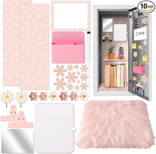 BeYumi Pink Locker Accessories Kit - Back to School Pink Daisy Locker Organizer Decoration Supplies for Kid Magnetic Wallpaper Pen Holder Whiteboard Marker Mirror Magnets Rug Classroom Accessories Kit