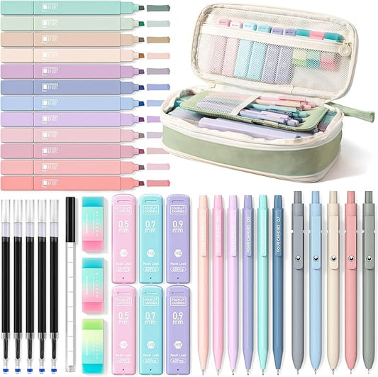 Four Candies 39PCS School Stationery Set, Pen Case with Supplies, Green | 12 Highlighters, 5 Gel Pens, 6 Mechanical Pencils, Cute Aesthetic, Back to School Supplies, College & Nursing Essentials