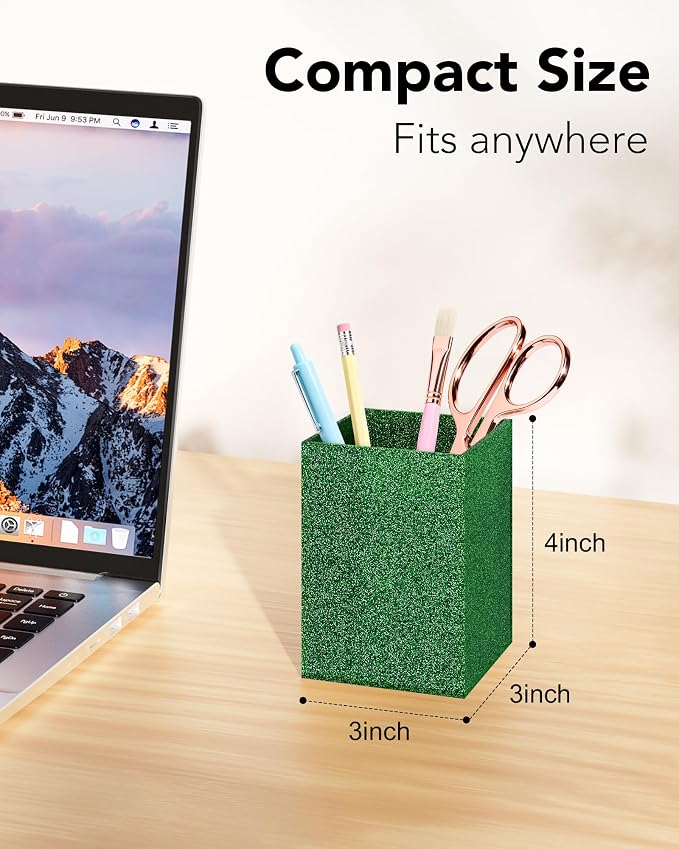 Acrylic Pen Holder Desk Organizer for Office, Green Glitter | Sparkling glitter acrylic makeup brush and pencil holder for desk, Modern desktop organizer for home, school and office