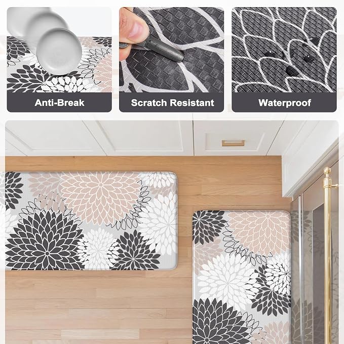 KIMODE Anti Fatigue Kitchen Mats for Floor 2PCS, Cushioned Standing Mats | 17"x47"+17"x29",Dahlia Floral,Pink Boho Floor Mats set of 2,Non Slip,Waterproof,Comfort Desk Mat for Sink Office Laundry home