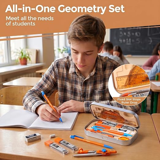Nicpro 17 PCS Compass Geometry Set for Students, Drafting Tools Math Protractor Compass with Rulers, Mechanical Pencil, Square Set, Box of Protractors Kit for Class Supplies, Back to School Supplies