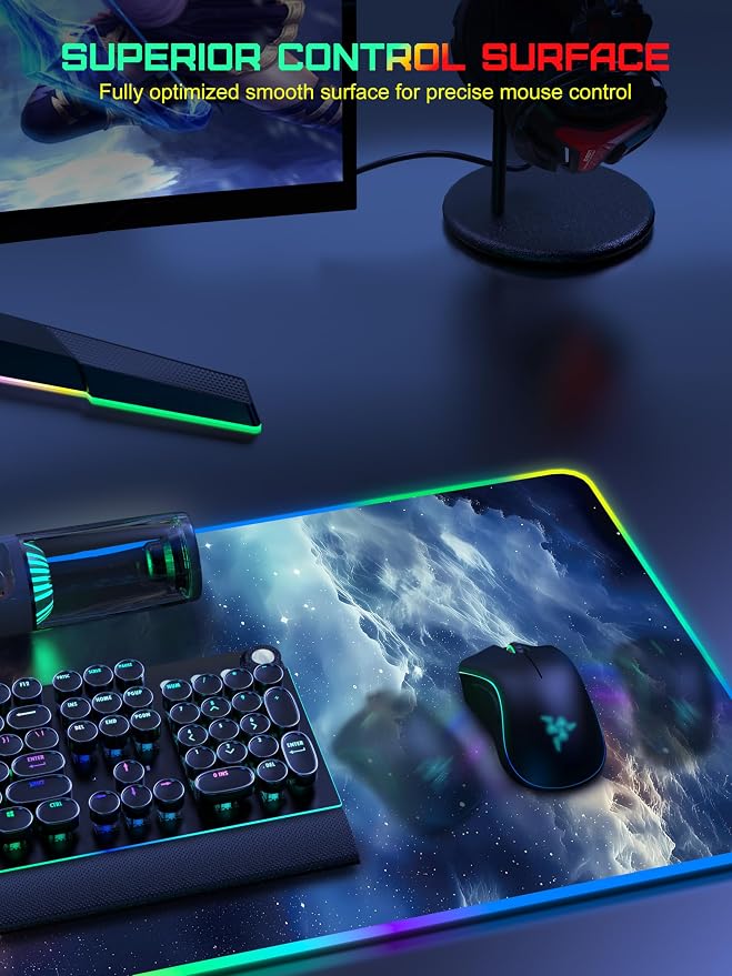 Wireless Charging Mouse Pad, RGB Gaming Mousepad Home Office Desk Pad, 31.5” x 15.8” XXL Large Desk Mat, Waterproof Keyboard Pad, Blue Nebula(Includes 20W PD Power Adapter & 6.56ft Woven Cable)