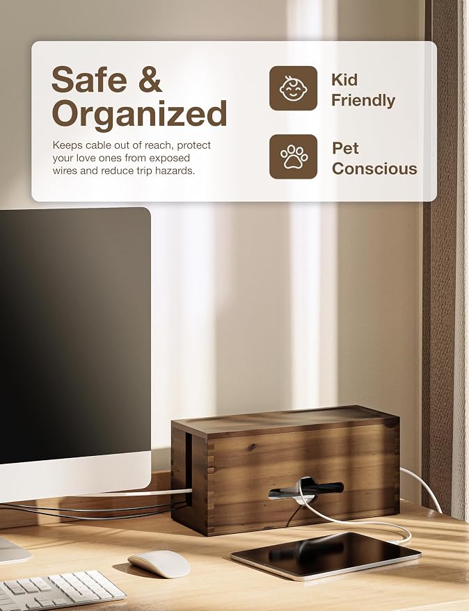 TIDITA Acacia Large Cable Management Box - 15" L Cord Box Hider, Power Strip Box for Office - Cable Hider Box, Surge Protector Box - Wire Box Hider for Desk - 3 Open Slots, Magnetic Lid (Walnut color)