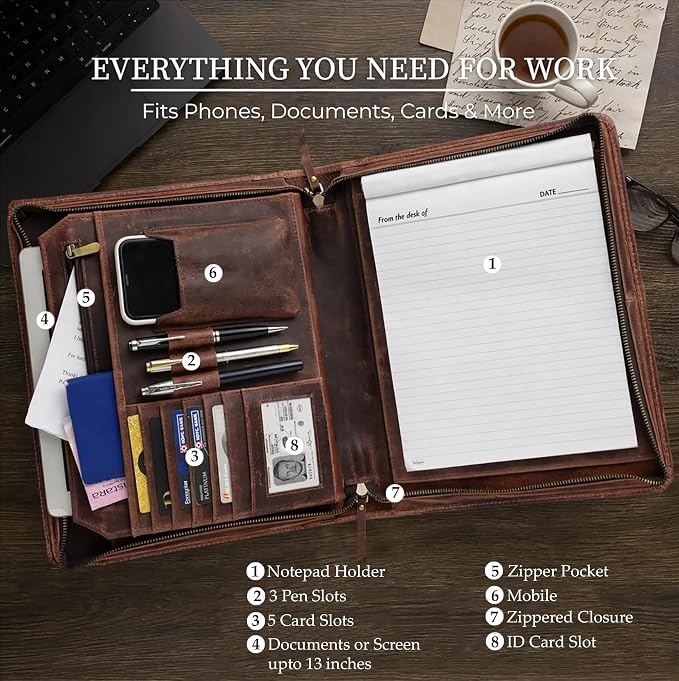 Supreme Business Portfolio by Rustic Town | Professional Organizer for Men & Women | Durable Leather Padfolio | Easy to Carry with A Zippered Closure | Many Slots, Compartments & Holders