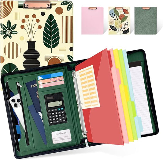 Ospelelf Vintage Leather 3 Ring Portfolio Binder, Zippered Clipboard Folder with Storage - 5 Dividers with Pocket, Padfolio for Women,12.1” Tablet Sleeve, Refillable Notepad, Card Slot