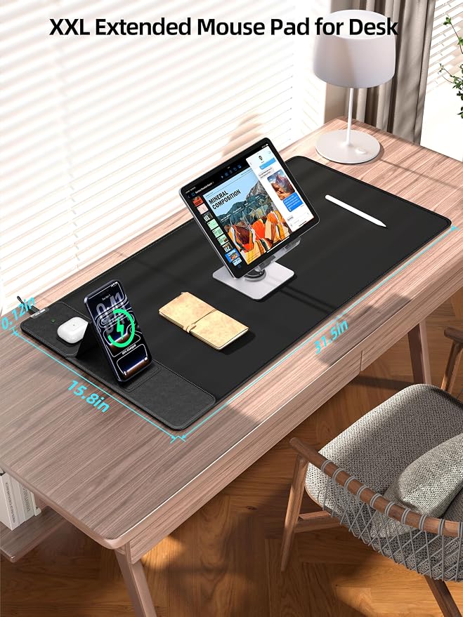 Mouse Pad with Magnetic Wireless Charging & Adjustable Phone Stand, 31.5"x15.8" Extended Desk Mat, Waterproof Ultra-Smooth Keyboard Pad, Non-Slip Base, Black