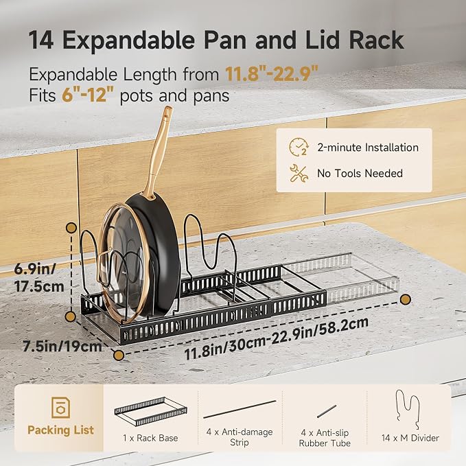 MUDEELA Pot Lid Organizer for Cabinet, Expandable Baking Pan Rack 14 Slots | 11.8–22.9" Expandable, 14 Adjustable Divider, Tool-Free Assembly, Non-Slip, Scratch-Proof, For Pan Lid Cutting Board Bakeware