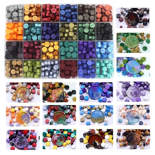 Wax Seal Kit With 24 Colors Envelope Stamp Seals Beads 600pcs, Tree of Life Sealing Stamp, Electric Wax Seal Warmer Set, Silicone Mold, Metallic Pen, 120 Removable Sticky Dots, Spoon Cleaner