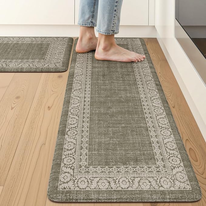 LEEVAN Anti Fatigue Kitchen Mats for Floor, Cushioned Kitchen Mat Set 2PCS | 17.3"x29"+17.3"x47", Boho Floral Green Kitchen Rugs Non-Slip, Waterproof Ergonomic Standing Mats for Laundry, Office & Sink