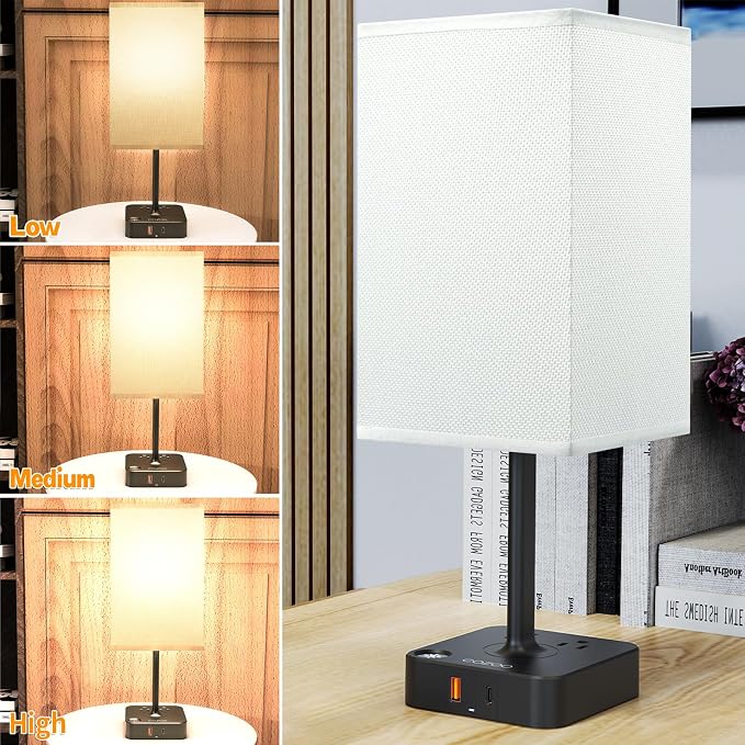cozoo Bedside Table Lamp with 3 Levels Brightness,Dimmable Table Lamp with USB C+A Charging Ports,2 AC Outlets,Nightstand Lamp White Shade,Touch Bedroom Lamp for Living Read Work