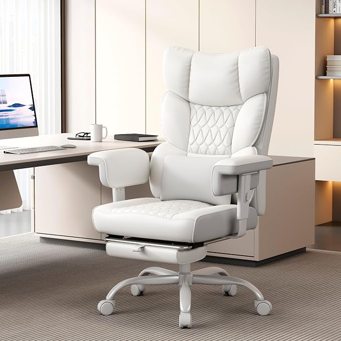 Misolant Big and Tall Office Chair with Footrest, High Back Executive Desk Chair with Adjustable Lift Armrest, 155°Recline，Lumbar Support Pillow, Faux Leather Gaming Chairs for Home All White