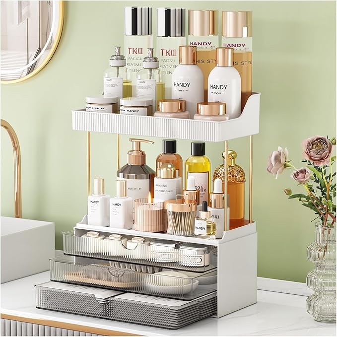 StorBin Arcylic 5-Tier Makeup & Skincare Organizer for Vanity, Bath | Smooth 3 drawers, clear body, gold frame, non-slip, for perfumes, serums, face masks, palettes, vanity & bath counter,Grey