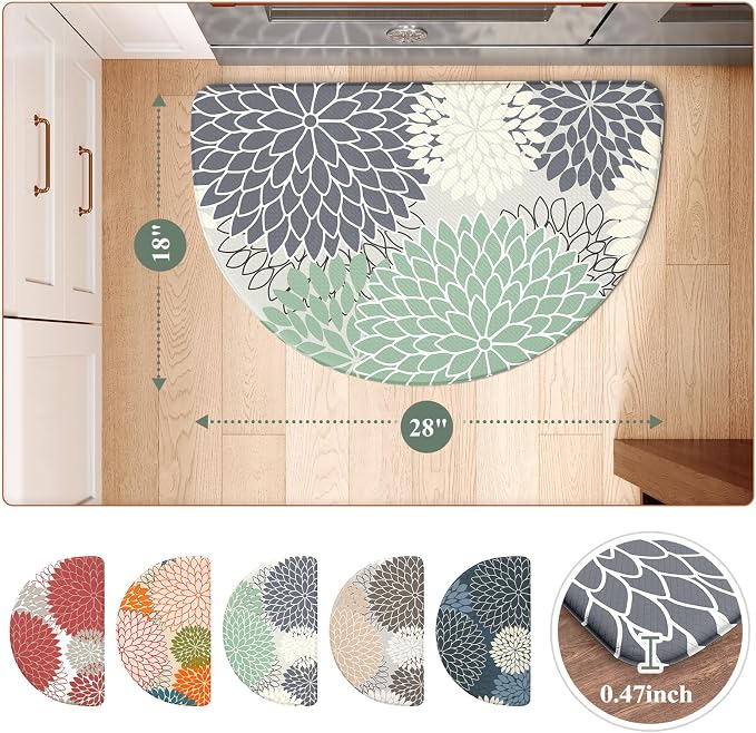 KIMODE Half Circle Kitchen Mats for Floor Cushioned Anti Fatigue Semi Round | Half Round,28"x18",Dahlia Boho,Cyan,Kitchen Rug Non Slip ,Waterproof Sink Floor Mat Carpet Decor for Laundry Bathroom