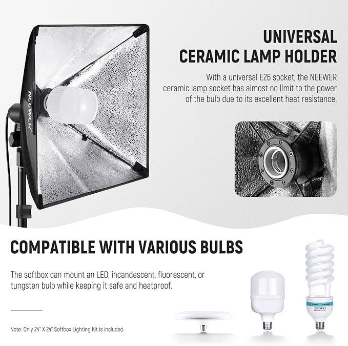 NEEWER 350W Equivalent Softbox Lighting Kit, 5700K LED Light Bulb, 24x24 inches Softbox with E26 Socket, Photography Continuous Lighting Kit, Photo Studio Equipment, NK300