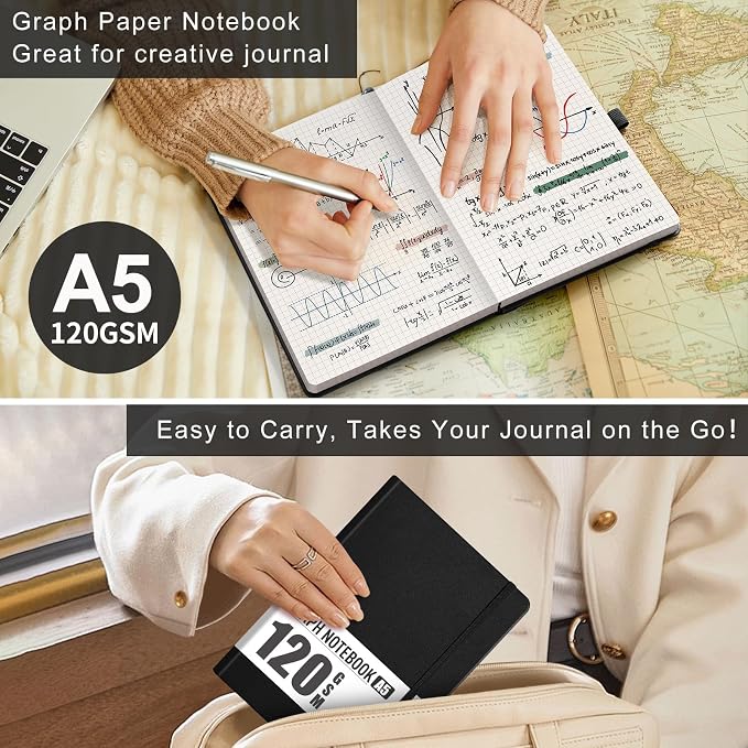 AHGXG Graph Paper Notebook - Grid Notebook Journal A5, 120 GSM Thick Graph Paper, 160 Pages, Leather Hardcover, for Graphing, Writing, Math, Engineering, 5.75'' × 8.38''- Black