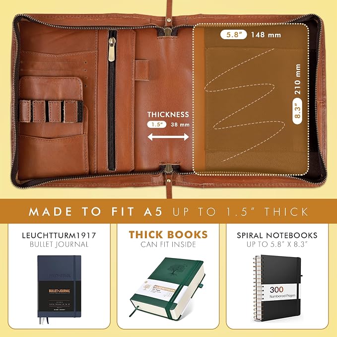 ELIZO Leather A5 Portfolio Padfolio Folio A5 Notebook Journal Cover Planner Binder Small Mens Business Work Folder Organizer (Tan)