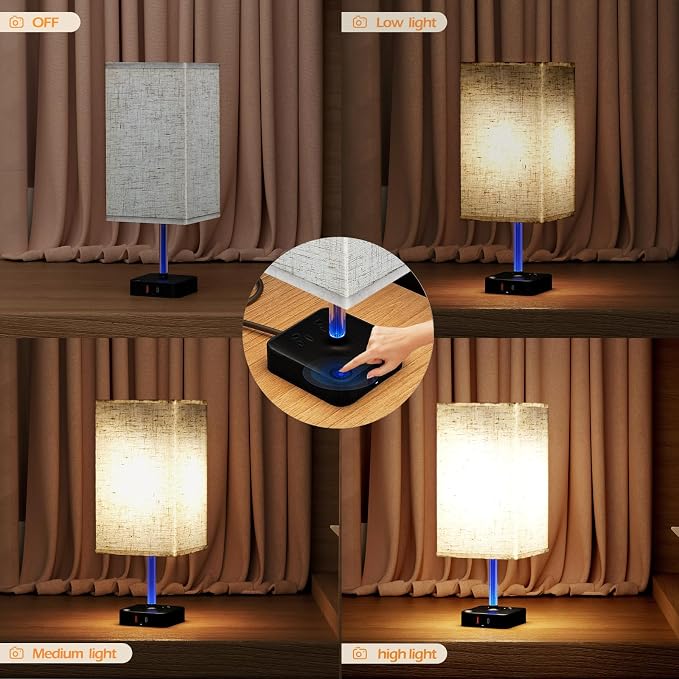 COZOO 3 Way Dimmable Touch Bedside Table Lamp with 3 USB Charging Ports 2 Outlets Power Strip,Black Charger Base White Fabric Shade,LED Desk Night Light for Bedroom/Nightstand/Living Room/College Dorm