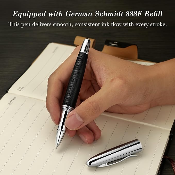BEILUNER 318 Luxury Leather Pen, Hand-Stitched Premium Leather, Chrome-Plated Finish, Smooth Black Ink Refill, Best Rollerball Pen Gift for Men & Women, Refillable, Executive Writing, Nice Pens