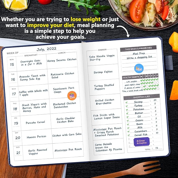 JUBTIC Weekly Meal Planner Notebook, Food Journal Daily Meal Prep Journal with Shopping and Grocery Lists for Food Planning Menu Planning Healthy Diet or Weight Loss Tracking, Last 1 Year,Undated, A5, Navy Blue