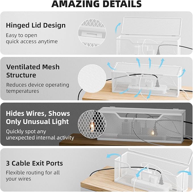3 Pack Cable Management Box, Metal Mesh Cord Organizer Box for TV Wires, Electrical Hiding, Power Strip – Under Desk Cable Storage Box with Cable Clips&Reusable Cable Ties for HomeOffice - White