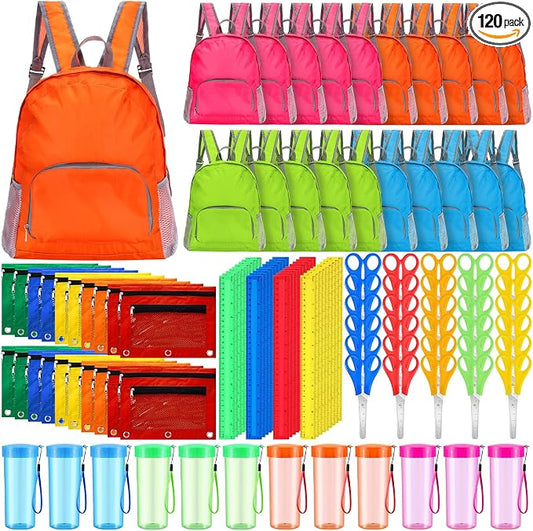 120 Pcs / 24 Sets Back to School Supplies Kit Include Sturdy Oxford Backpacks Water Bottles Pencil Pouches Scissors Rulers for Students Supplies Donations Camping Party Bulk Gift Set(Simple)