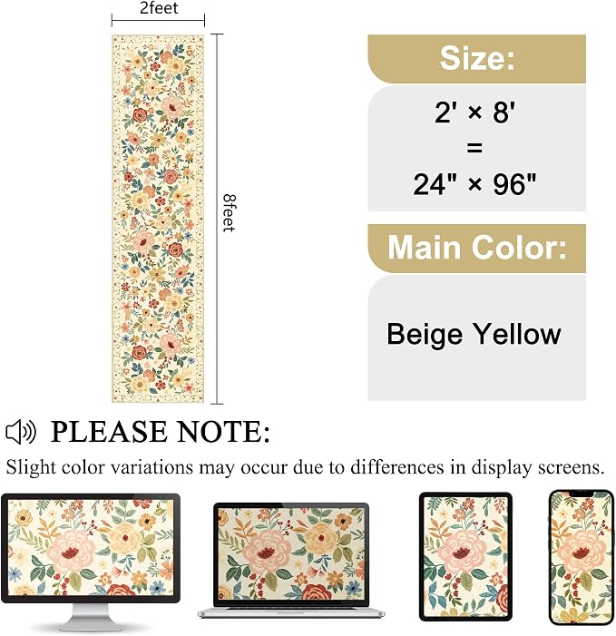DUKINO 2x8 Runner Rug for Hallway, Washable Kitchen Runner Rug with Rubber Backing Non Slip, Low Pile Soft Boho Floral Thin Carpet for Entryway, Hallway, Bathroom, Laundry Room, Beige Yellow