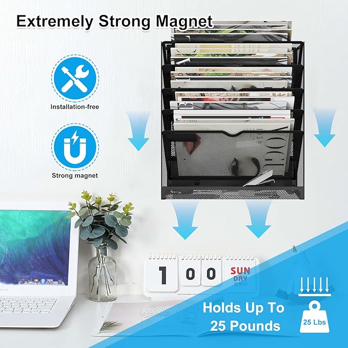 6 Tier Magnetic File Holder, Large Capacity Mesh Hanging Wall Organizer Vertical Magnetic Hanging File Organizer, Magnetic File Folder Holder for File Cabinets, Office, Whiteboard (Black)