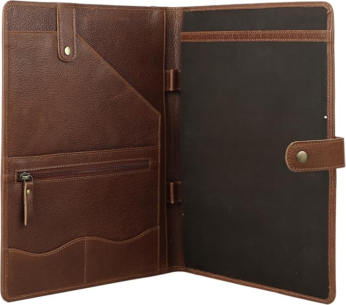 KomalC Leather Portfolio Folder with Button Closure | Business Padfolio for Professionals | Vintage Organizer with Legal Pad Holder, Card Slots & Document Pockets
