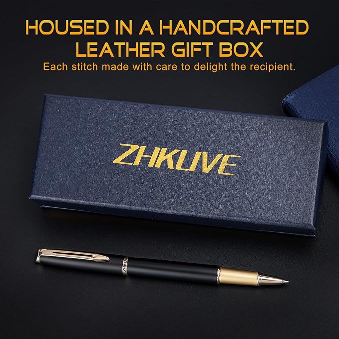 ZHKUVE Luxury Rollerball Pen, Stunning Black Lacquer with 24K Gold Trim, Switzerland Tip with Black Ink Refills, Elegant Gift Set for Men & Women, Executive Writing