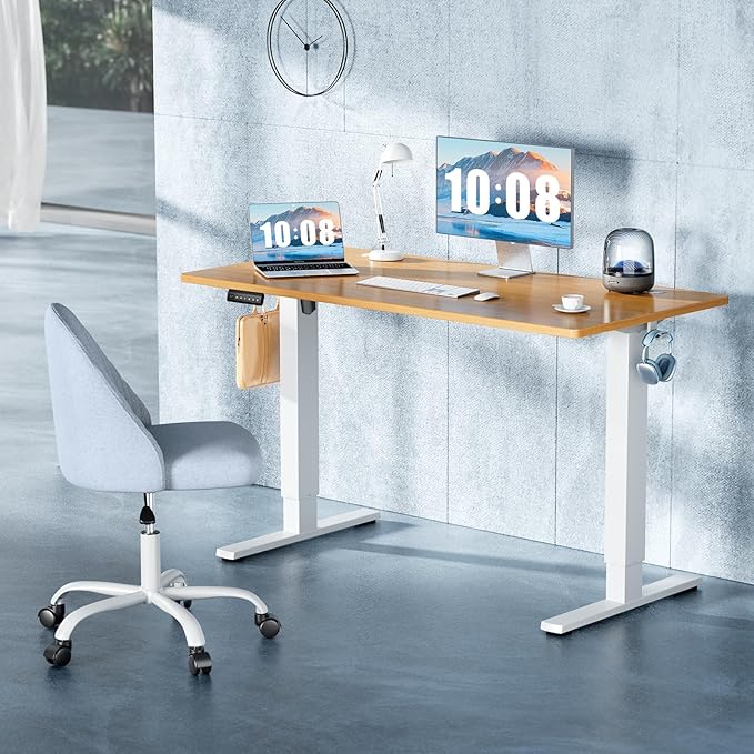 DUMOS 55 Inch Electric Standing Desk Height Adjustable, Sit to Stand Computer Workstations Large Work PC Table Home Office Writing Gaming Desks with Memory Presets for Walking Pad, Bedroom, Oak