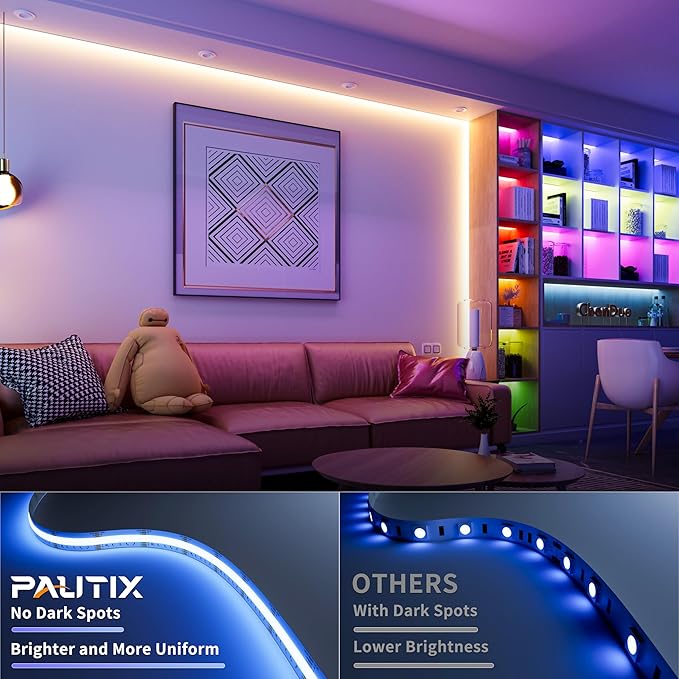 PAUTIX COB LED Strip Lights,32.8ft RGB+CCT 2700K-6500K White LED Lights,Dimmable Color Changing RGB LED Strip Light,with Remote/APP Control,for Kitchen Cabinets,Ceiling,Party DIY Lighting Projects