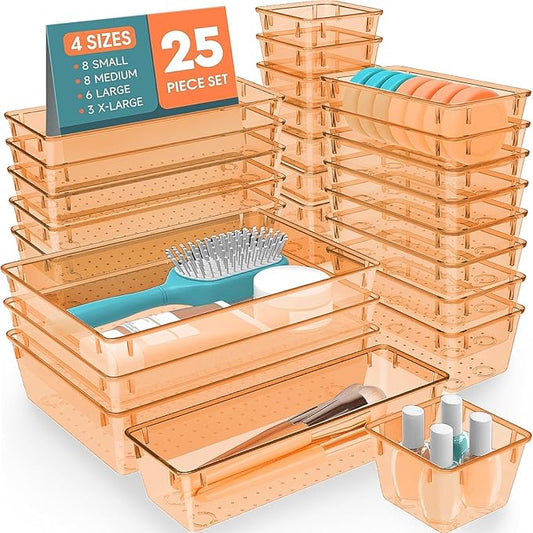 SpaceHacks 25 PCS Plastic Drawer Organizer Set, 4-Size Versatile Organizer Trays & storage Bins for Makeup, Jewelry, and Gadgets in Bathroom, Bedroom and Office,Orange