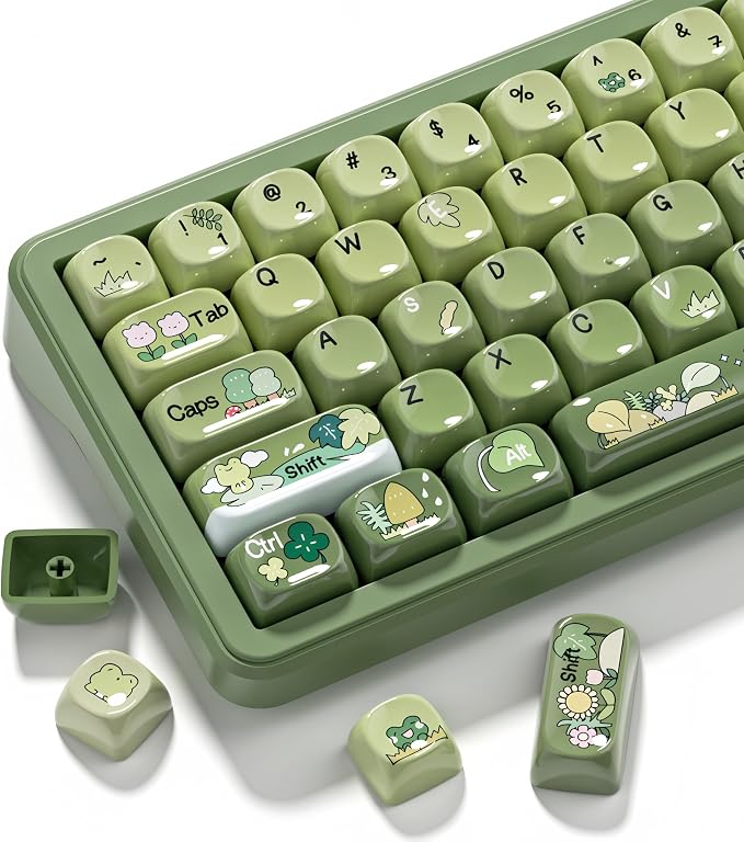 dagaladoo Cute Frog Keyboard keycaps Ceramic Style,Matcha Green moa keycap Set,dye Sublimation PBT Keyboard caps,128-keys keycap for Cherry Gateron MX Switches Mechanical Keyboards