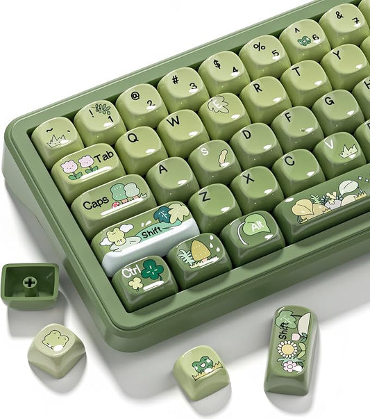dagaladoo Cute Frog Keyboard keycaps Ceramic Style,Matcha Green moa keycap Set,dye Sublimation PBT Keyboard caps,128-keys keycap for Cherry Gateron MX Switches Mechanical Keyboards