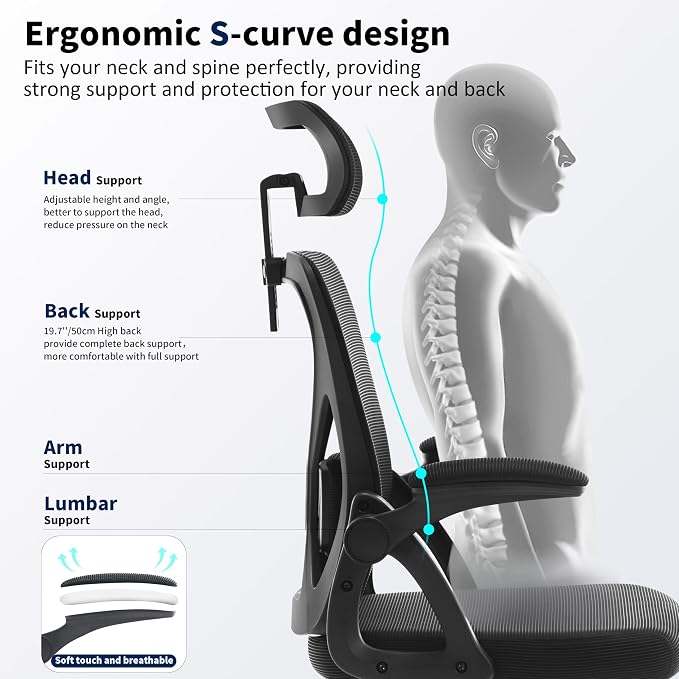 Office Chair,Ergonomic Desk Chair with Adjustable Lumbar Support,400 Lbs Mesh Computer Chair High Back with Headrest for Home Office (Light Black)