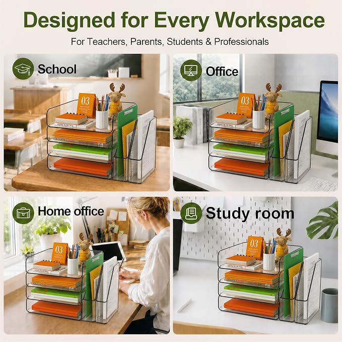 FANXIYQ 4-Tier Acrylic Paper Tray Organizer with Bookends, Paper Organizer | Tool-Free Stackable 1-4 Tier Design with 2 Bookends for Files, Folders and A4 Paper; For School, Home Office and Study Room