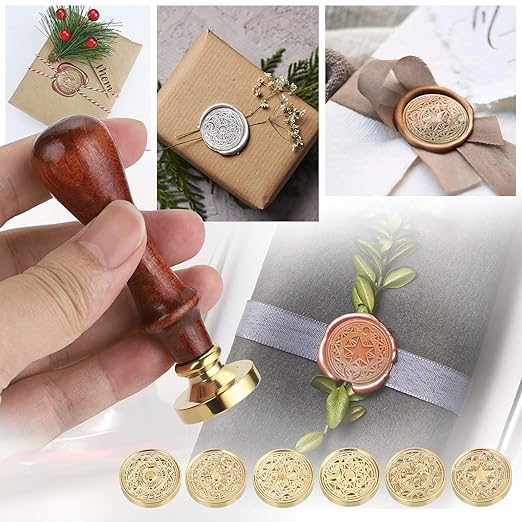 OwnMy 6 PCS Wax Seal Stamp Set with Magic Symbols Stamps Heads and Wooden Handle, Vintage Retro Classical Wax Sealing Stamps Kit with Gift Box for Invitation Envelopes Letters Crafts