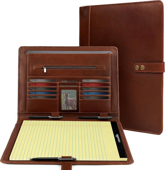 ELIZO Leather Portfolio Padfolio Leather Binder Folder for Men and Women Professional Business Portfolio Organizer Men and Women Antique Letter Strap