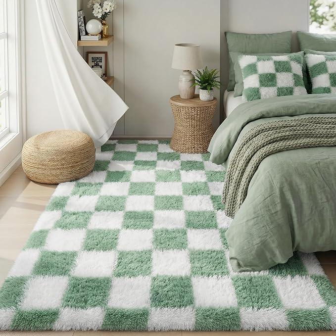 KICMOR Rugs for Bedroom Living Room, 3x5 Fluffy Soft Checkered Shag Area Rug Fuzzy Shaggy Plush Bedside Small Carpet, Sage Green and White Rug for Kids Boys Girls Dorm Nursery Home Decor Aesthetic