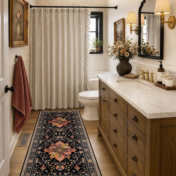 RELEANY Area Rugs Runner 2'x6' Washable Non-Slip, Floral Vintage Distress Medallion Carpet for Kitchen Hallway Bedroom Beside Laundry Room Bathroom, Black Colorful Floral Dark Tan