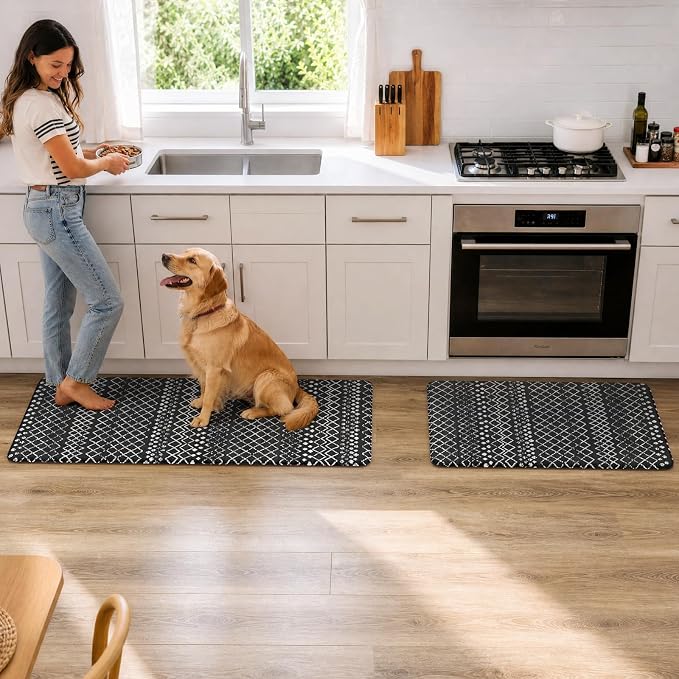 KIMODE Anti Fatigue Mats for Kitchen Floor 17"x47"+17"x29", Black Boho Distressed Kitchen Rugs Sets of 2, Cushioned Kitchen Floor Mats, Non Slip Standing Mats for Sink Laundry Room Decor Office Desk