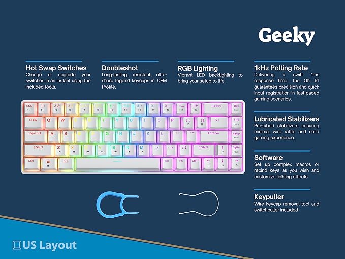 Geeky GK65 65% | Hot Swappable Mechanical Gaming Keyboard | 68 Keys Multi Color RGB LED Backlit for PC/Mac Gamer | ANSI US American Layout (White, Mechanical Black)