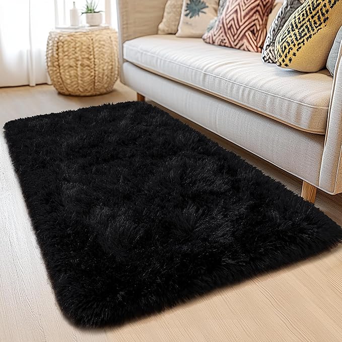 Awaytail 2x4ft Runner Rug - Non Slip Washable Hallway Fluffy Rug with Rubber Backing - Fluffy Rugs for Bedside Dorm - Black