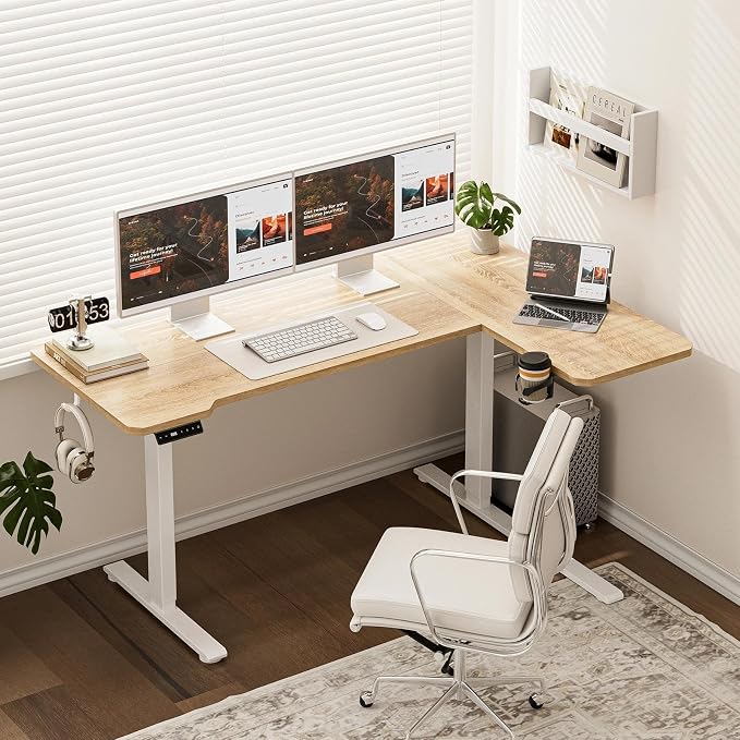 Acrolix L Shaped Electric Standing Desk - 43x31.5 Inch Reversible Corner Sit Stand Desk with Hook&Cup Holder,Electric Height Adjustable Table,for Small Home Office&Bedroom Computer Desk, Oak