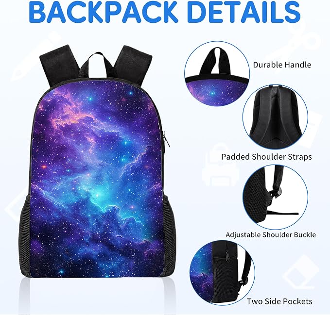 3PCS Galaxy Print Backpack for Boys Girls Teens, School Backpack with Lunch Box Pencil Case for Elementary Middle High Students, 17 Inch Lightweight Bookpack 3 in 1 Set Back to Shool Gifts for Kids