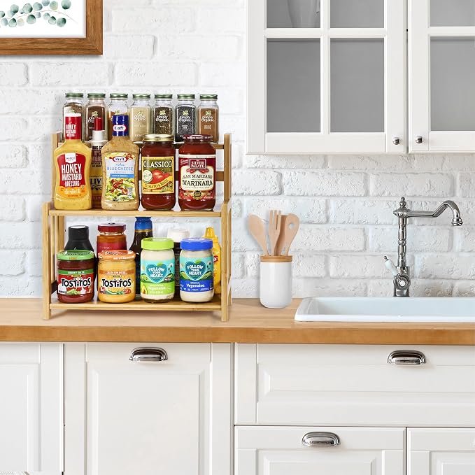 Sorbus Kitchen Countertop Organizer Bamboo Wooden Counter Storage Shelf Rack for Spice, Soap, Skin Care, Makeup Display Stand, Bathroom Shelves, Vanity, Office (3-Tier)