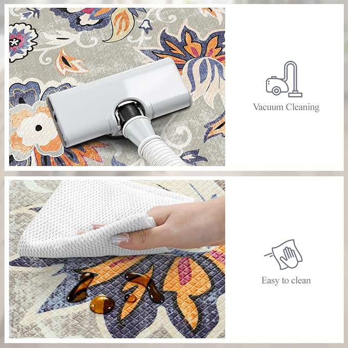 LEEVAN Anti Fatigue Kitchen Mats for Floor, Cushioned Kitchen Mat Set 2PCS | 17.3"x29"+17.3"x59", Boho Floral Blue Gray Kitchen Rugs Non-Slip, Waterproof Ergonomic Standing Mat for Laundry, Office, Sink