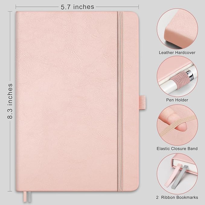 AHGXG Dotted Journal Notebook, 160 Numbered Pages, A5 Medium Size (5.7'' x 8.3''), 120 GSM Thick Paper, Leather Hardcover, for Journaling, Planning, Tracking (Rose Gold)